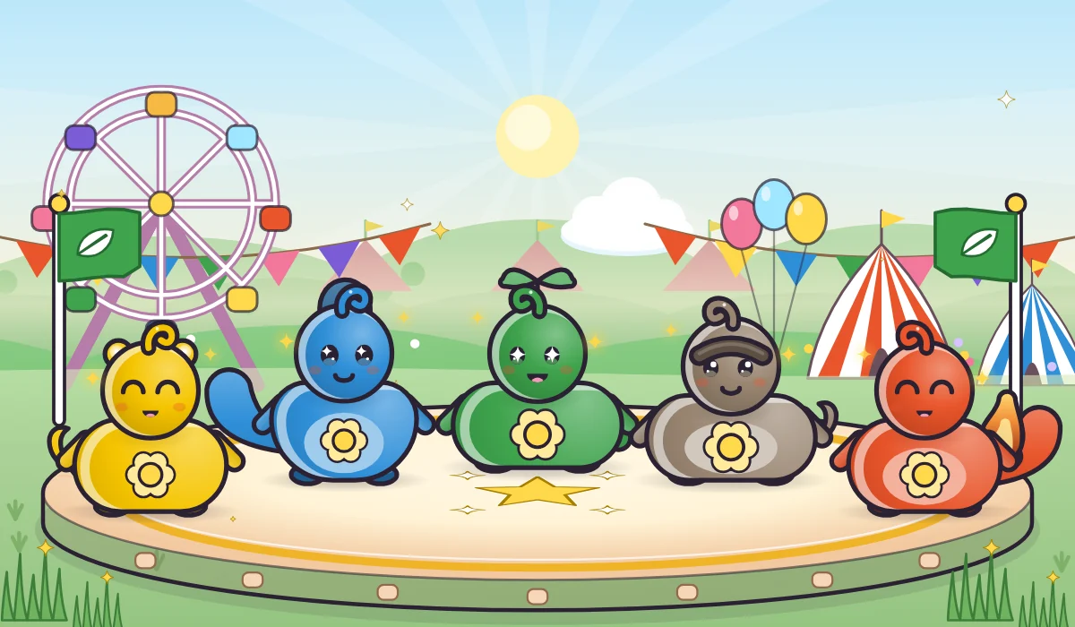 Five round, smiling Maatjie pets on a sunny fairground stage.