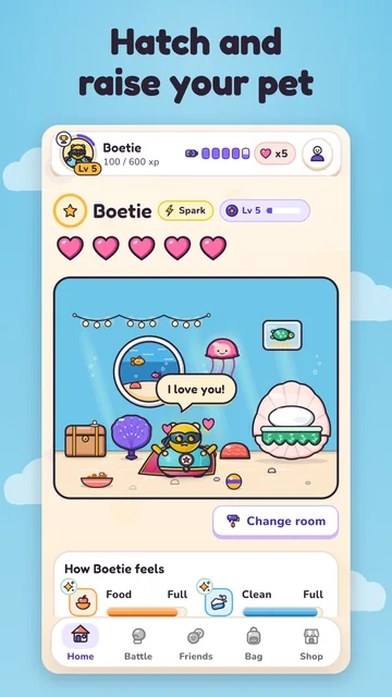 A pet at home in its room, with its care meters.